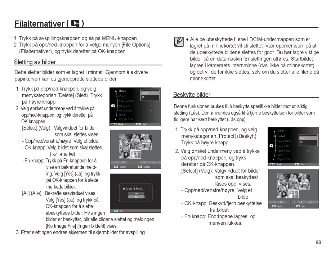 Samsung EC-ST70ZZBPBE2, EC-ST70ZZBPSE2, EC-ST70ZZBPUE2, EC-ST70ZZBPOE2 Filalternativer, Sletting av bilder, Beskytte bilder 