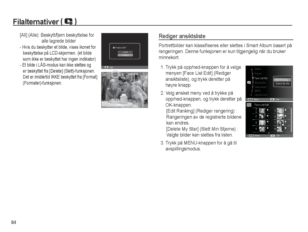 Samsung EC-ST70ZZBPSE2 Rediger ansiktsliste, Formater-funksjonen, Trykk på MENU-knappen for å gå til avspillingsmodus 