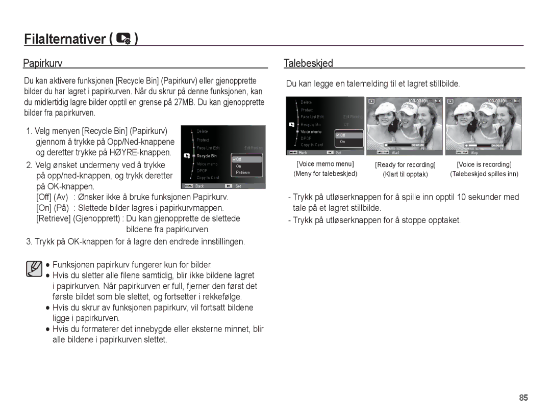 Samsung EC-ST70ZZBPUE2 manual Papirkurv, Bildene fra papirkurven, Du kan legge en talemelding til et lagret stillbilde 