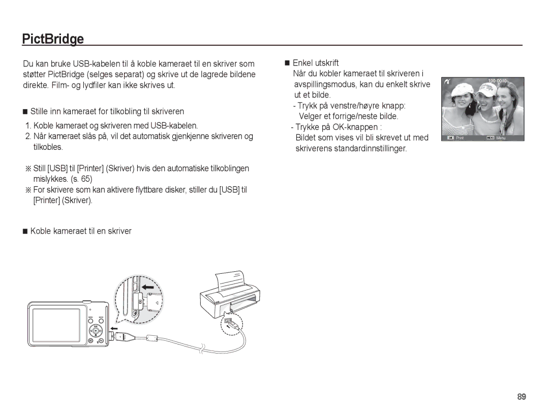 Samsung EC-ST70ZZBPUE2, EC-ST70ZZBPBE2, EC-ST70ZZBPSE2, EC-ST70ZZBPOE2 manual PictBridge, Trykke på OK-knappen 