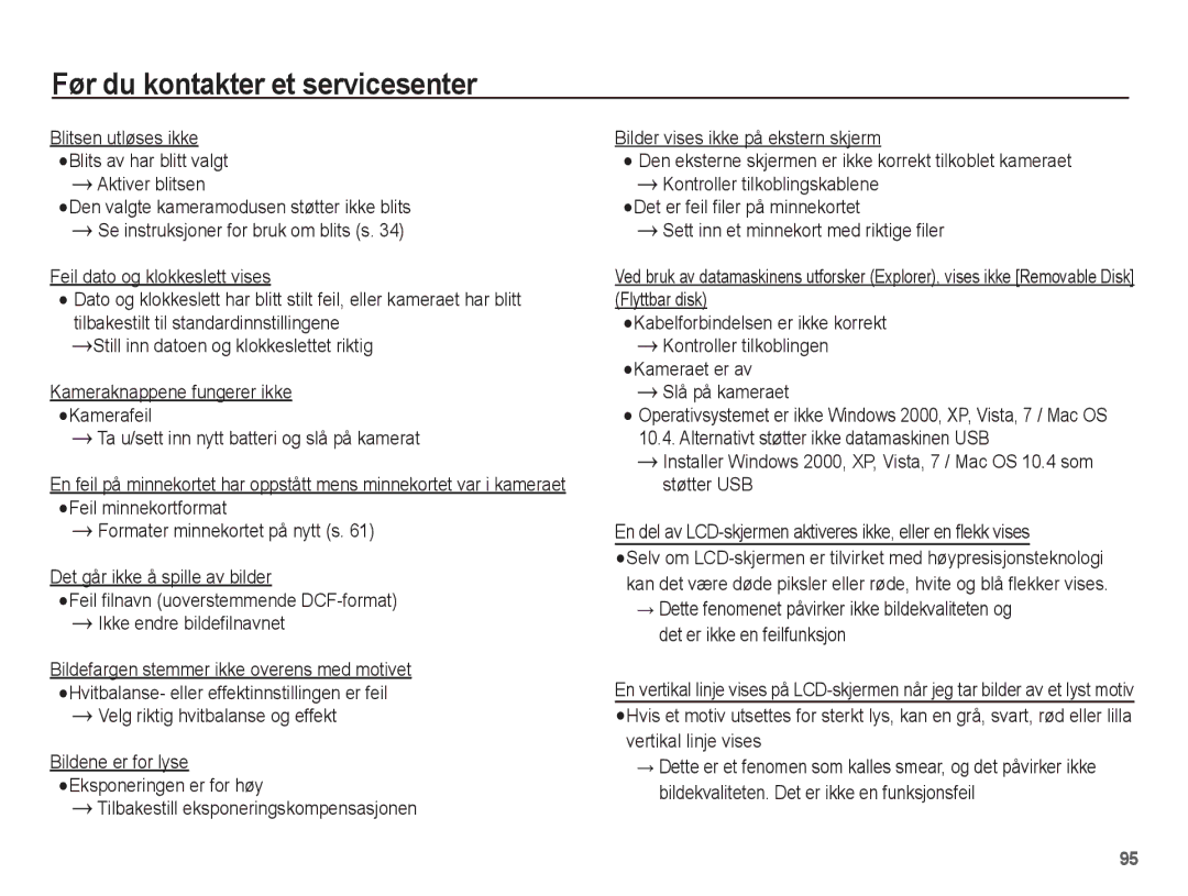 Samsung EC-ST70ZZBPBE2, EC-ST70ZZBPSE2, EC-ST70ZZBPUE2, EC-ST70ZZBPOE2 manual Før du kontakter et servicesenter 