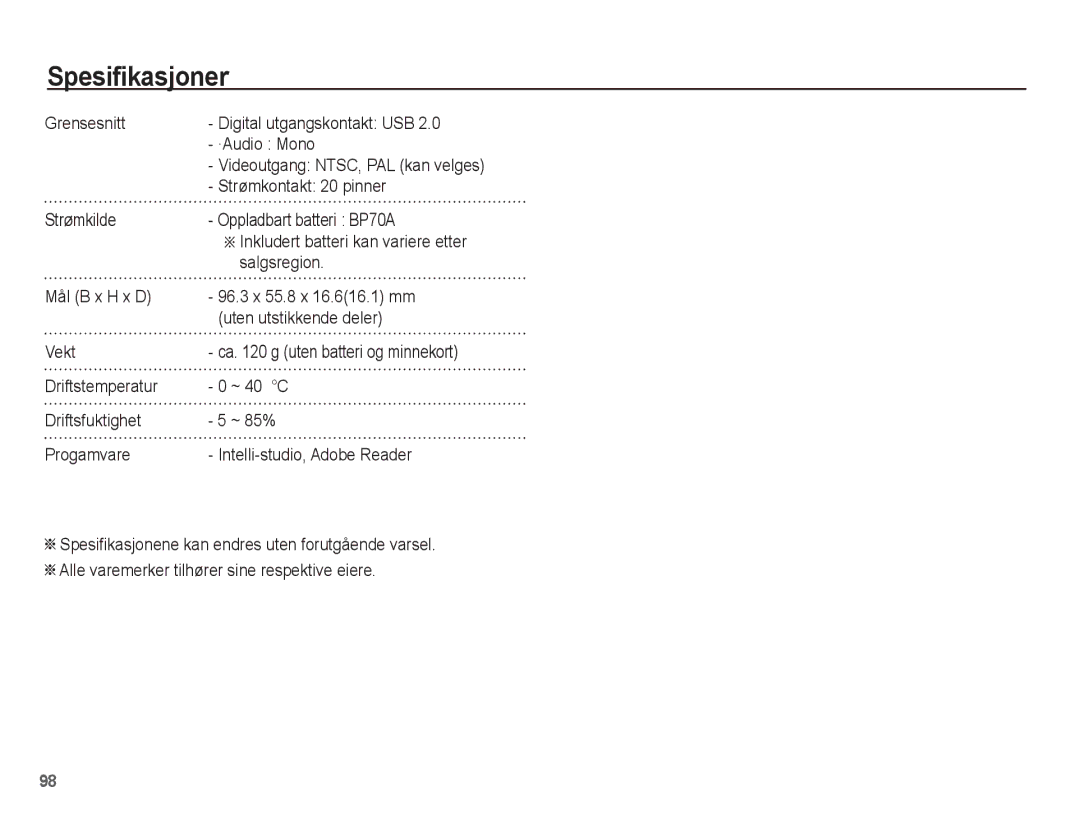 Samsung EC-ST70ZZBPOE2 manual Grensesnitt Digital utgangskontakt USB ·Audio Mono, Strømkontakt 20 pinner, Salgsregion 