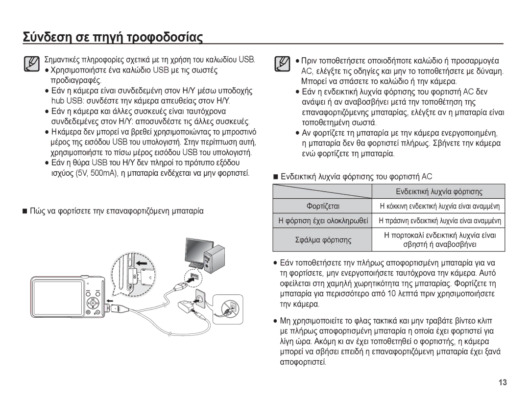 Samsung EC-ST70ZZBPOE3 manual ȊȡȘıȚȝȠʌȠȚȒıĲİ ȑȞĮ țĮȜȫįȚȠ USB ȝİ ĲȚȢ ıȦıĲȑȢ ʌȡȠįȚĮȖȡĮĳȑȢ, ǼȞįİȚțĲȚțȒ ȜȣȤȞȓĮ ĳȩȡĲȚıȘȢ 