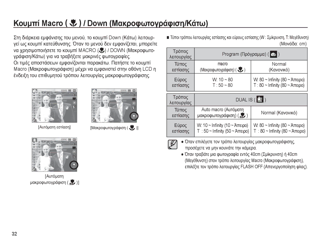 Samsung EC-ST70ZZBPUE3, EC-ST70ZZBPBE3, EC-ST70ZZBPOE3, EC-ST70ZZBPSE3 manual ȀȠȣȝʌȓ Macro / Down ȂĮțȡȠĳȦĲȠȖȡȐĳȚıȘ/ȀȐĲȦ 