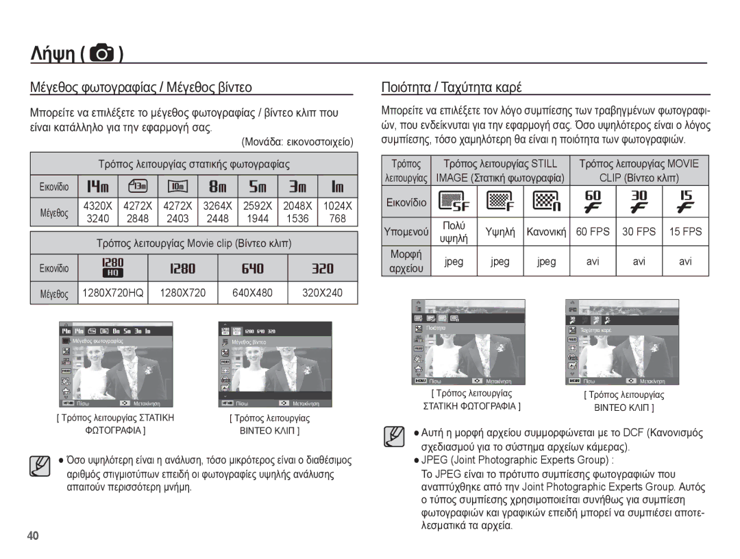 Samsung EC-ST70ZZBPUE3, EC-ST70ZZBPBE3 manual ȂȑȖİșȠȢ ĳȦĲȠȖȡĮĳȓĮȢ / ȂȑȖİșȠȢ ȕȓȞĲİȠ, ȆȠȚȩĲȘĲĮ / ȉĮȤȪĲȘĲĮ țĮȡȑ, ȊȥȘȜȒ, Jpeg 