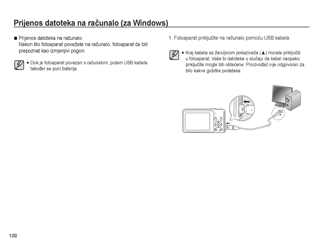 Samsung EC-ST70ZZBPUE3, EC-ST70ZZBPBE3, EC-ST70ZZBPOE3, EC-ST70ZZBPSE3 Fotoaparat prikljuþite na raþunalo pomoüu USB kabela 