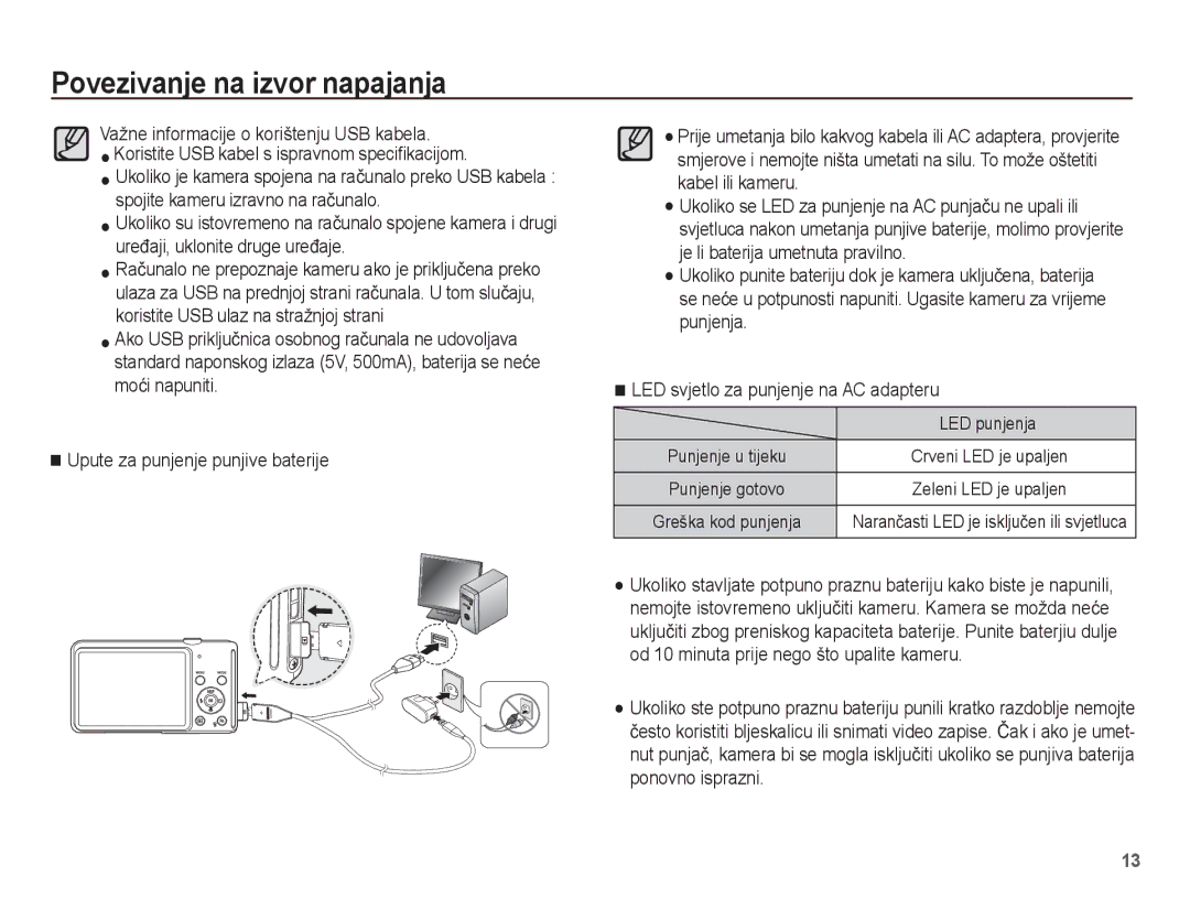 Samsung EC-ST70ZZBPOE3, EC-ST70ZZBPBE3, EC-ST70ZZBPUE3, EC-ST70ZZBPSE3 manual LED punjenja 