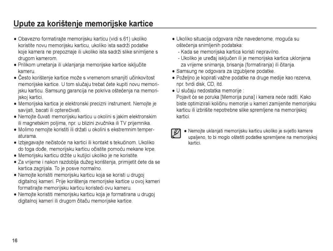 Samsung EC-ST70ZZBPUE3, EC-ST70ZZBPBE3, EC-ST70ZZBPOE3, EC-ST70ZZBPSE3 manual Upute za korištenje memorijske kartice 