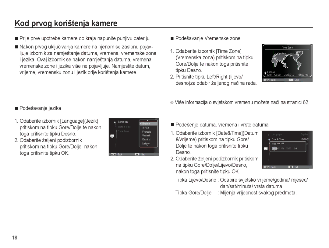 Samsung EC-ST70ZZBPSE3, EC-ST70ZZBPBE3, EC-ST70ZZBPUE3, EC-ST70ZZBPOE3 manual Kod prvog korištenja kamere, Podešavanje jezika 