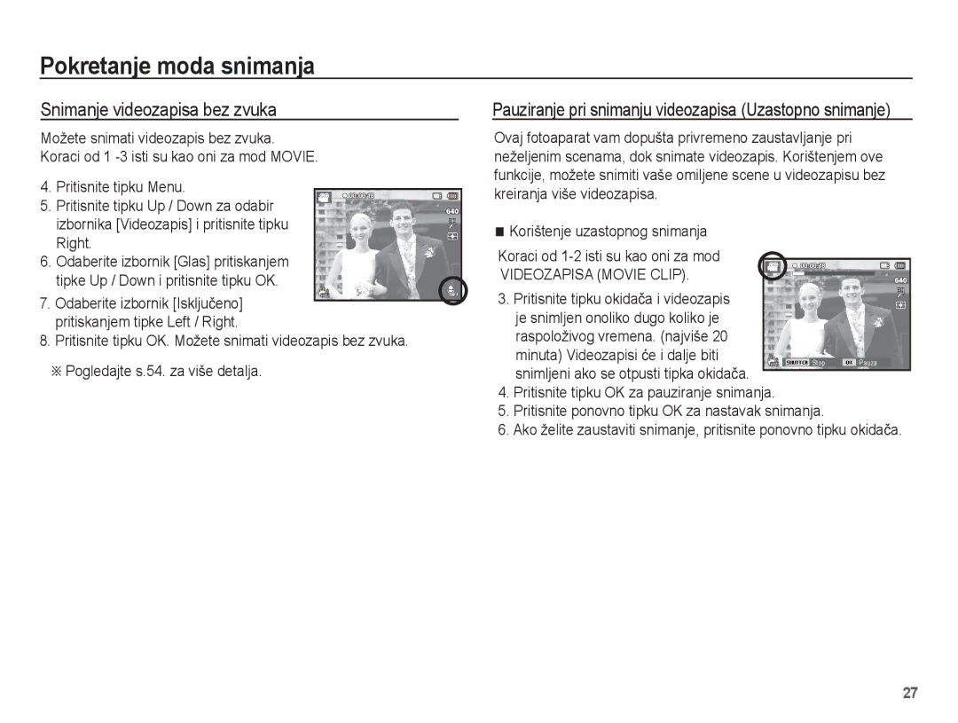 Samsung EC-ST70ZZBPBE3 manual Snimanje videozapisa bez zvuka, Pauziranje pri snimanju videozapisa Uzastopno snimanje 