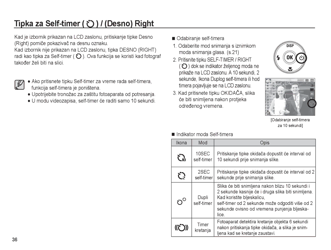 Samsung EC-ST70ZZBPUE3 Tipka za Self-timer / Desno Right, Odabiranje self-timera, Pritisnite tipku SELF-TIMER / Right 