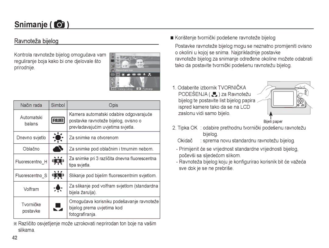 Samsung EC-ST70ZZBPSE3, EC-ST70ZZBPBE3 manual Ravnoteža bijelog, Kontrola ravnoteže bijelog omoguüava vam, Prirodnije 