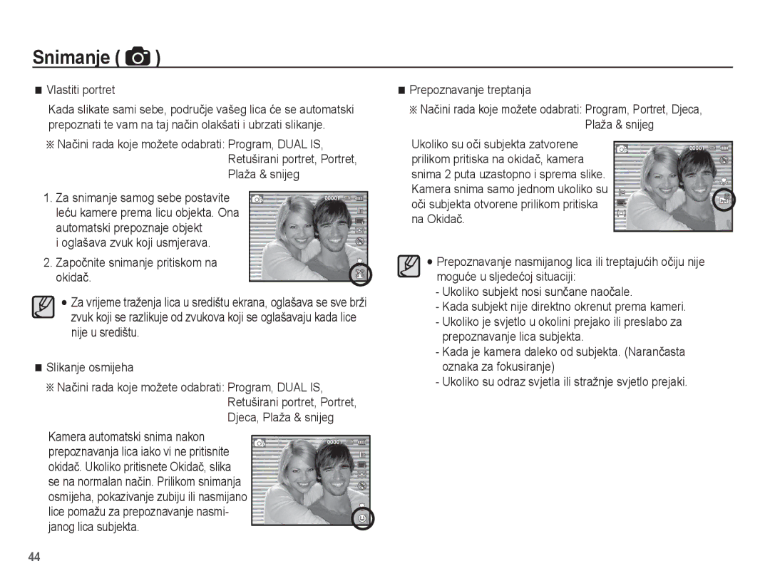 Samsung EC-ST70ZZBPUE3, EC-ST70ZZBPBE3, EC-ST70ZZBPOE3 manual Vlastiti portret, Slikanje osmijeha, Prepoznavanje treptanja 