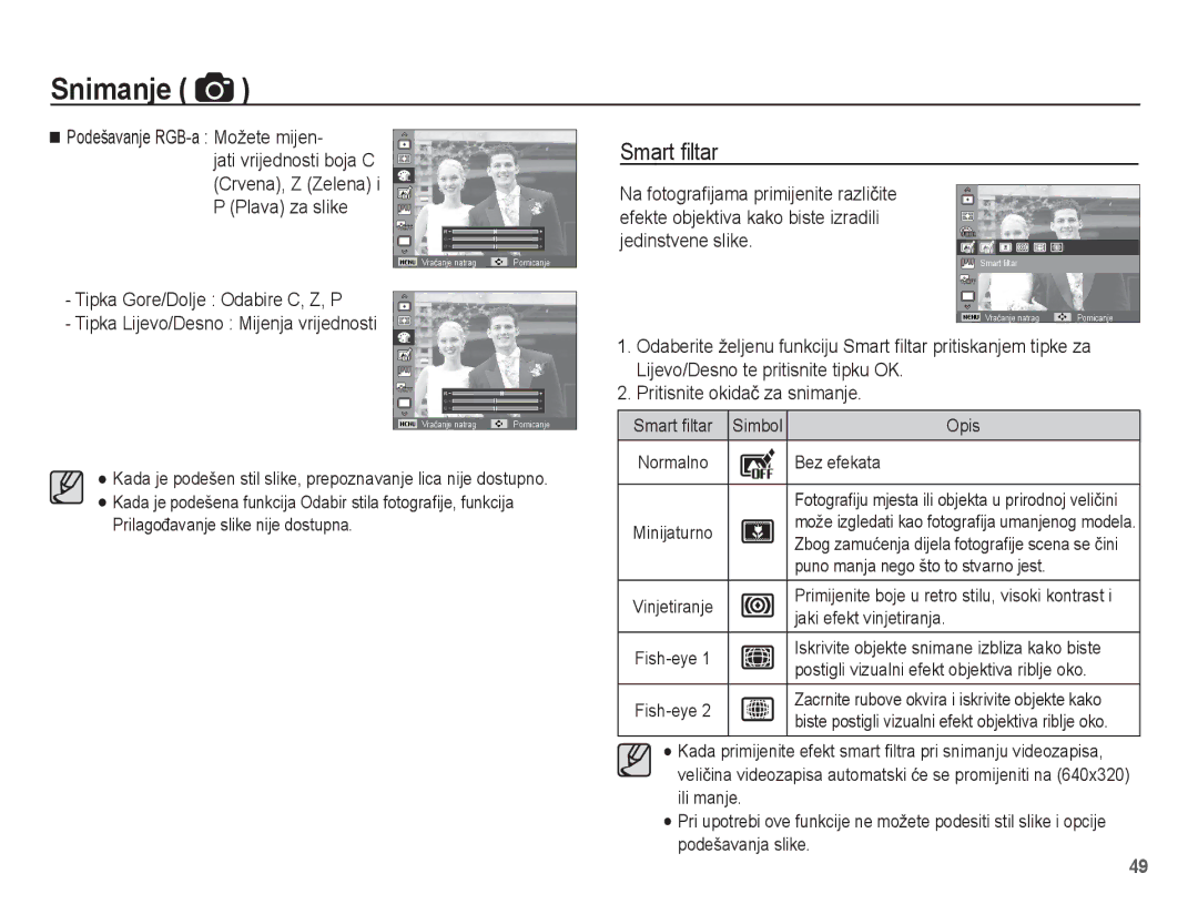 Samsung EC-ST70ZZBPOE3, EC-ST70ZZBPBE3, EC-ST70ZZBPUE3, EC-ST70ZZBPSE3 manual Smart ﬁltar, Podešavanje RGB-a Možete mijen 