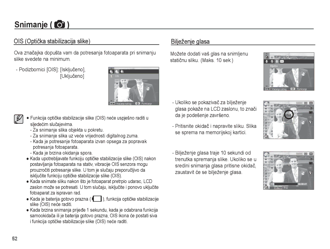 Samsung EC-ST70ZZBPUE3, EC-ST70ZZBPBE3, EC-ST70ZZBPOE3, EC-ST70ZZBPSE3 manual OIS Optiþka stabilizacija slike Bilježenje glasa 