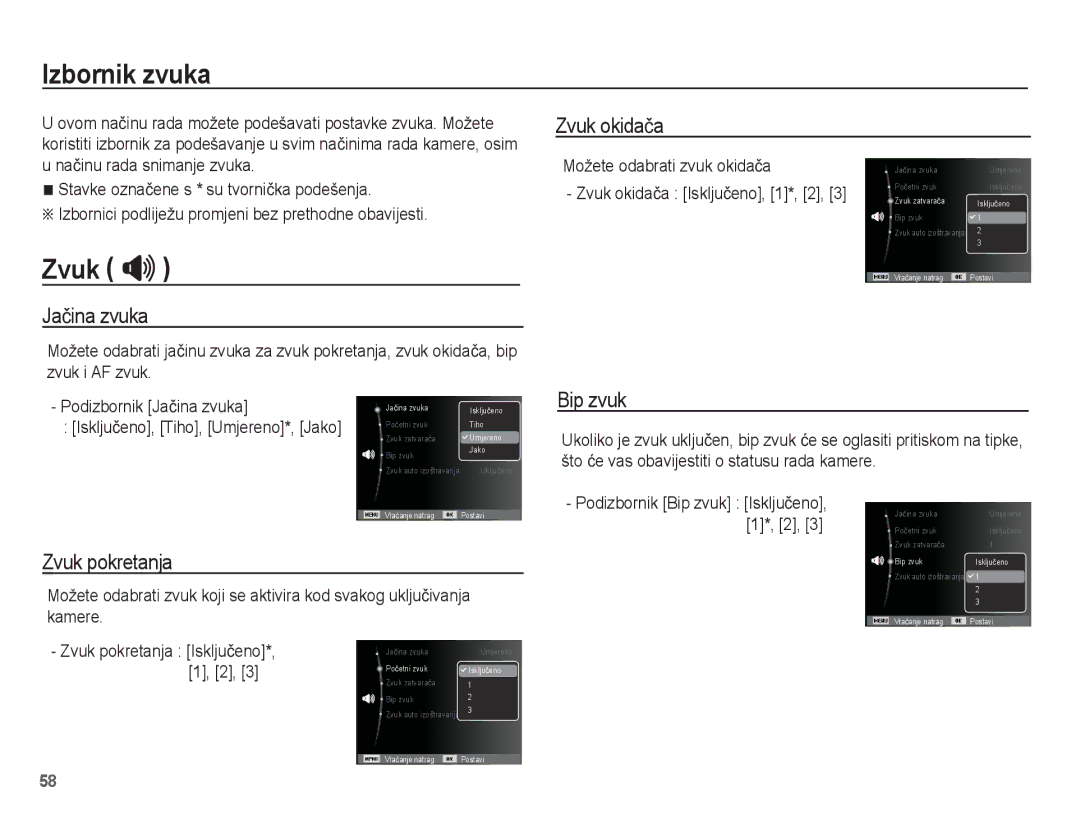 Samsung EC-ST70ZZBPSE3, EC-ST70ZZBPBE3, EC-ST70ZZBPUE3, EC-ST70ZZBPOE3 manual Izbornik zvuka, Zvuk  