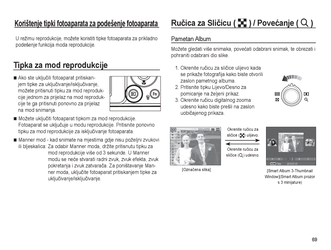 Samsung EC-ST70ZZBPOE3, EC-ST70ZZBPBE3 manual Tipka za mod reprodukcije, Ruþica za Sliþicu º / Poveüanje í, Pametan Album 