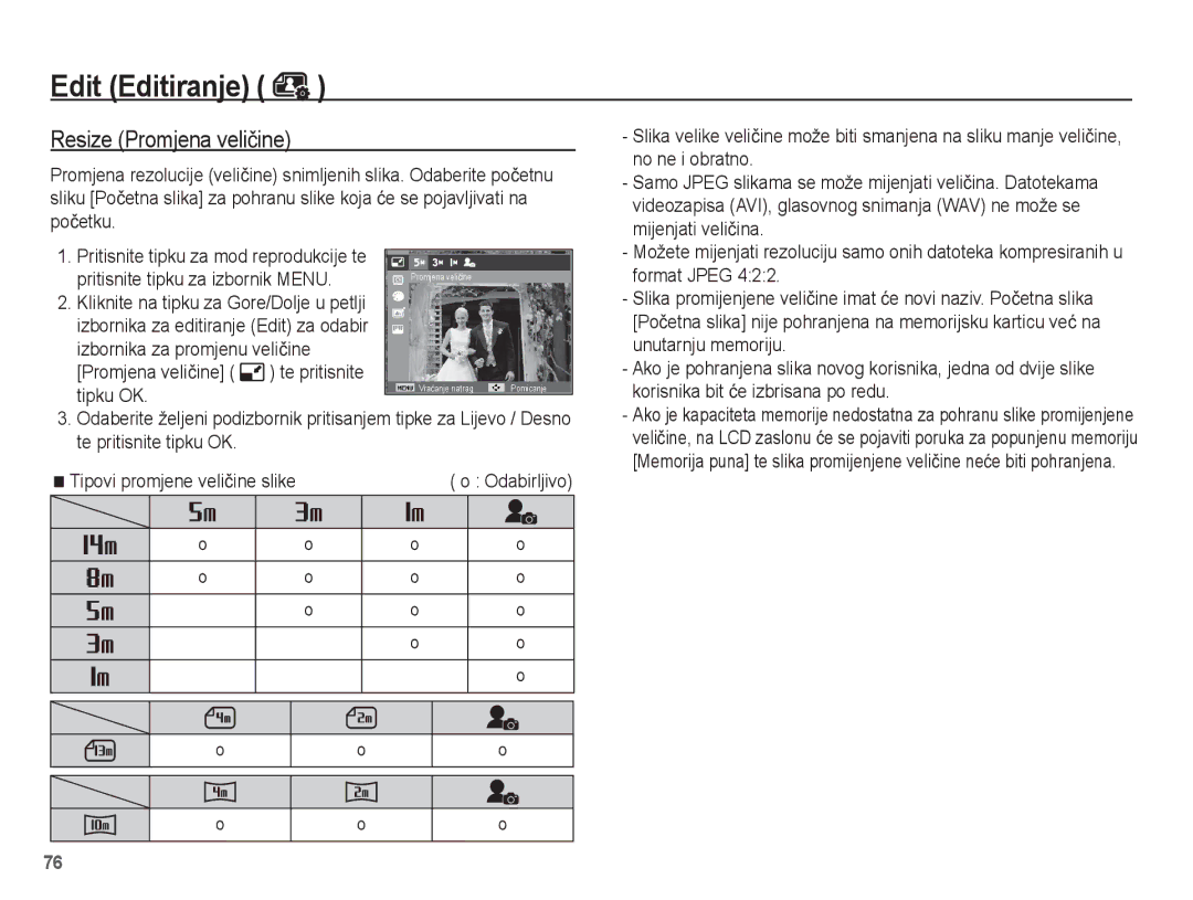 Samsung EC-ST70ZZBPUE3, EC-ST70ZZBPBE3 manual Edit Editiranje, Resize Promjena veliþine, Pritisnite tipku za izbornik Menu 