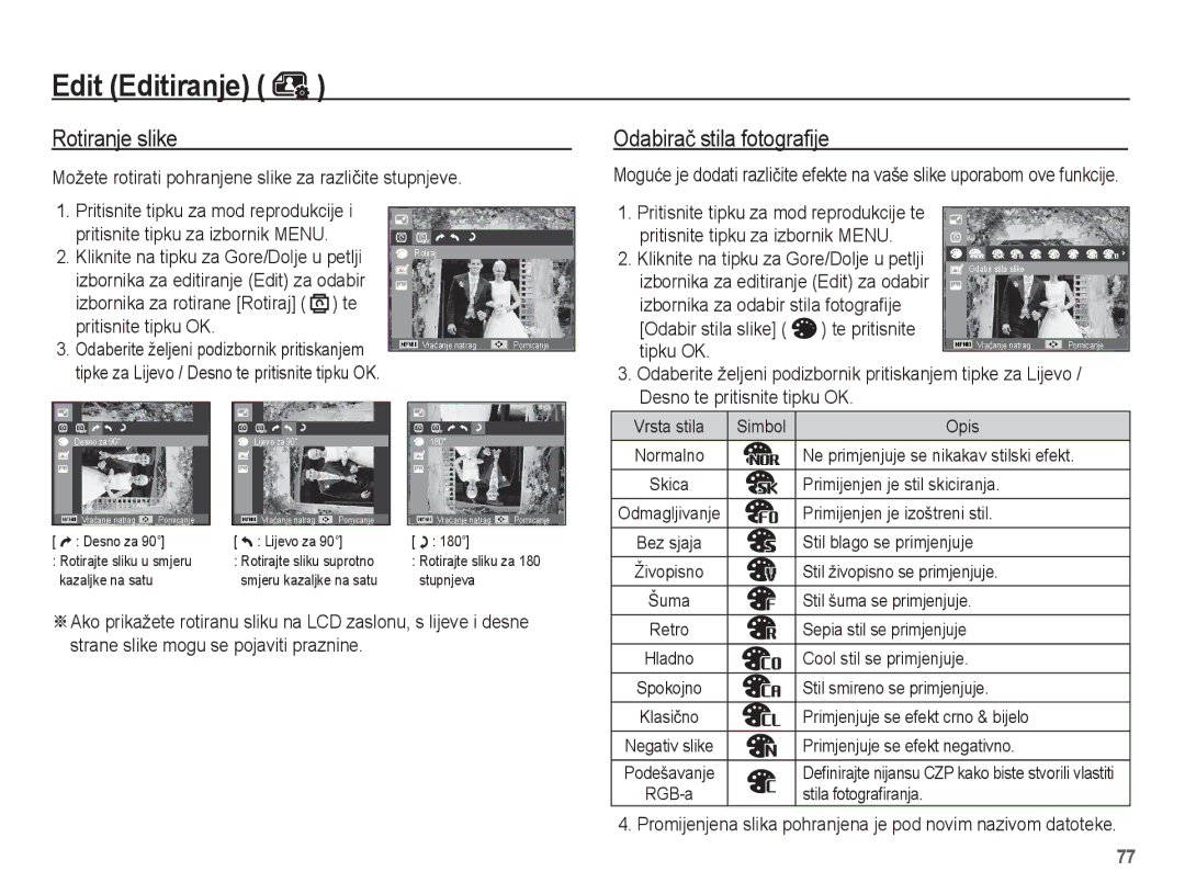 Samsung EC-ST70ZZBPOE3, EC-ST70ZZBPBE3, EC-ST70ZZBPUE3, EC-ST70ZZBPSE3 manual Rotiranje slike, Odabiraþ stila fotografije 