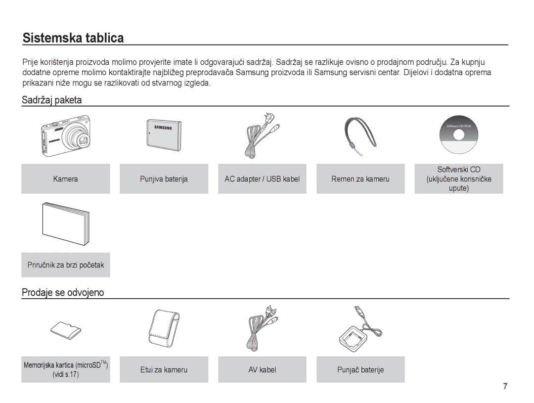 Samsung EC-ST70ZZBPBE3, EC-ST70ZZBPUE3 Sistemska tablica, Sadržaj paketa, Prodaje se odvojeno, Etui za kameru AV kabel 