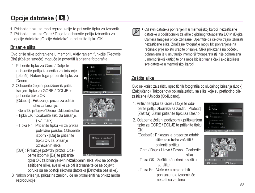 Samsung EC-ST70ZZBPBE3, EC-ST70ZZBPUE3, EC-ST70ZZBPOE3, EC-ST70ZZBPSE3 manual Opcije datoteke, Brisanje slika, Zaštita slika 