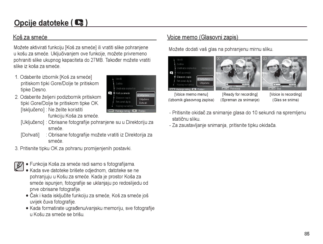 Samsung EC-ST70ZZBPOE3 manual Koš za smeüe, Voice memo Glasovni zapis, Pritiskom tipki Gore/Dolje te pritiskom, Tipke Desno 