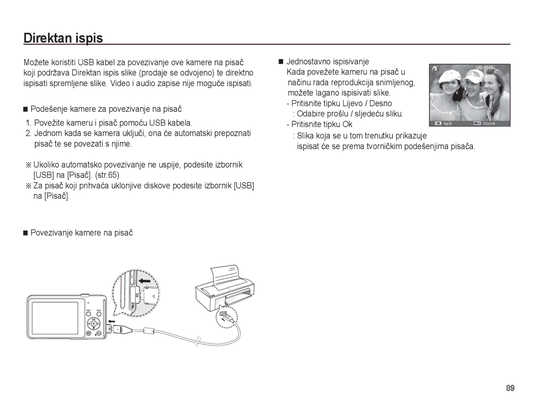 Samsung EC-ST70ZZBPOE3, EC-ST70ZZBPBE3 Direktan ispis, Podešenje kamere za povezivanje na pisaþ, Jednostavno ispisivanje 