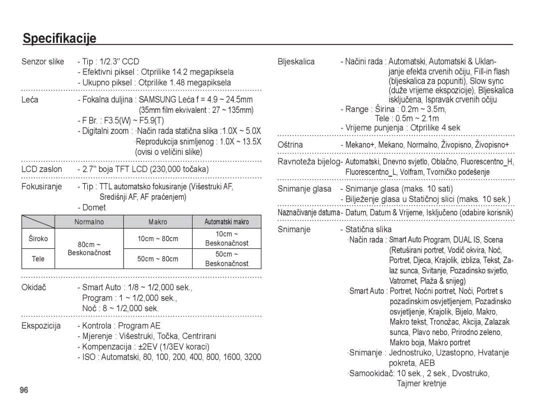 Samsung EC-ST70ZZBPUE3, EC-ST70ZZBPBE3, EC-ST70ZZBPOE3, EC-ST70ZZBPSE3 manual Specifikacije 