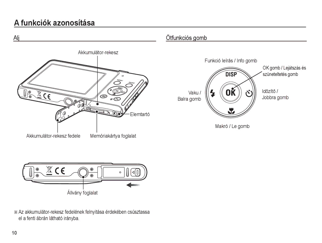 Samsung EC-ST71ZZBDSE3 manual Alj Ötfunkciós gomb, Akkumulátor-rekesz Funkció leírás / Info gomb, Szüneteltetés gomb 