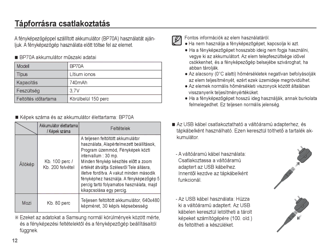 Samsung EC-ST70ZZBPOIT, EC-ST70ZZBPBIT, EC-ST70ZZBPBE3 manual Tápforrásra csatlakoztatás, BP70A akkumulátor mĦszaki adatai 