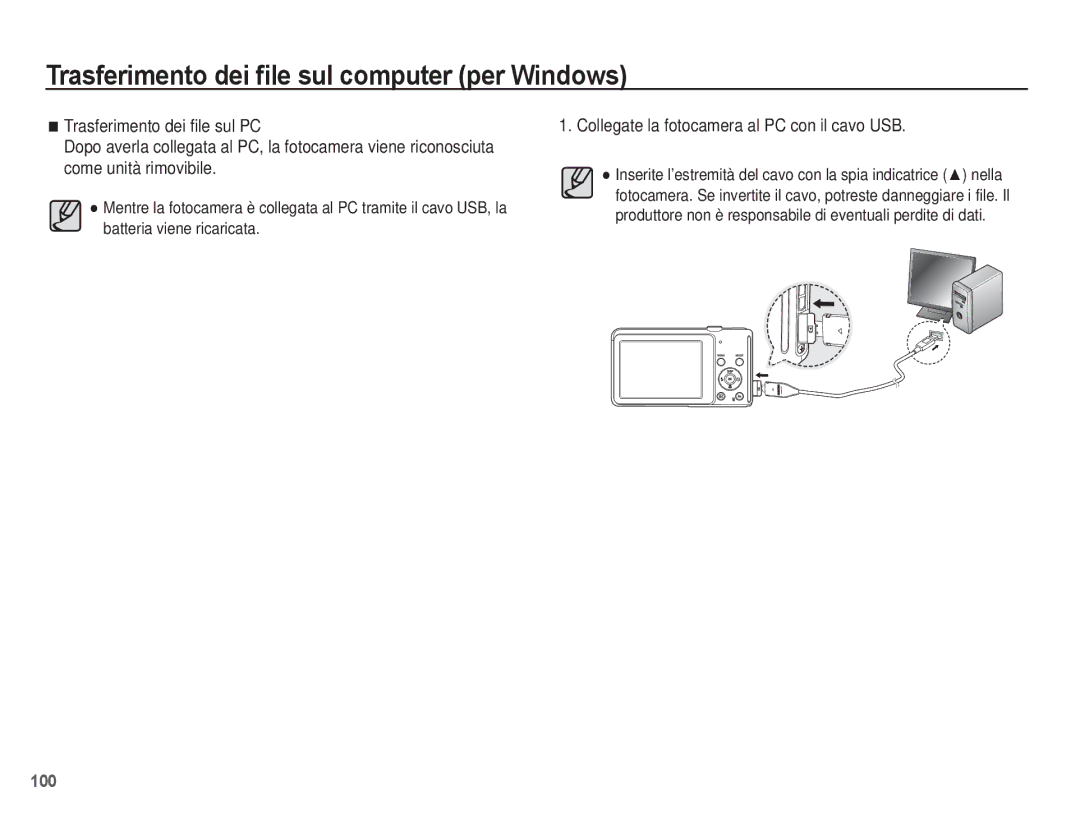 Samsung EC-ST70ZZBPUIT, EC-ST70ZZBPBIT, EC-ST70ZZBPOIT, EC-ST70ZZBPSIT manual Collegate la fotocamera al PC con il cavo USB 