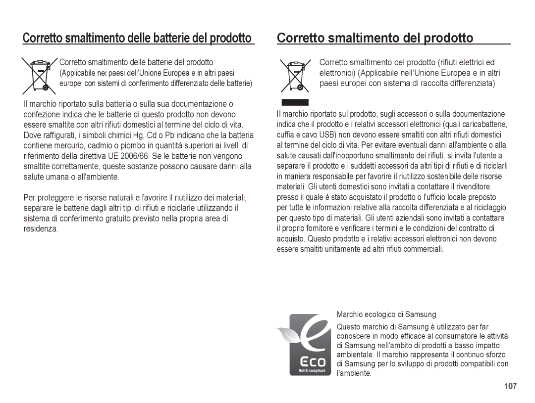 Samsung EC-ST70ZZBPBIT, EC-ST70ZZBPUIT Corretto smaltimento del prodotto, Corretto smaltimento delle batterie del prodotto 