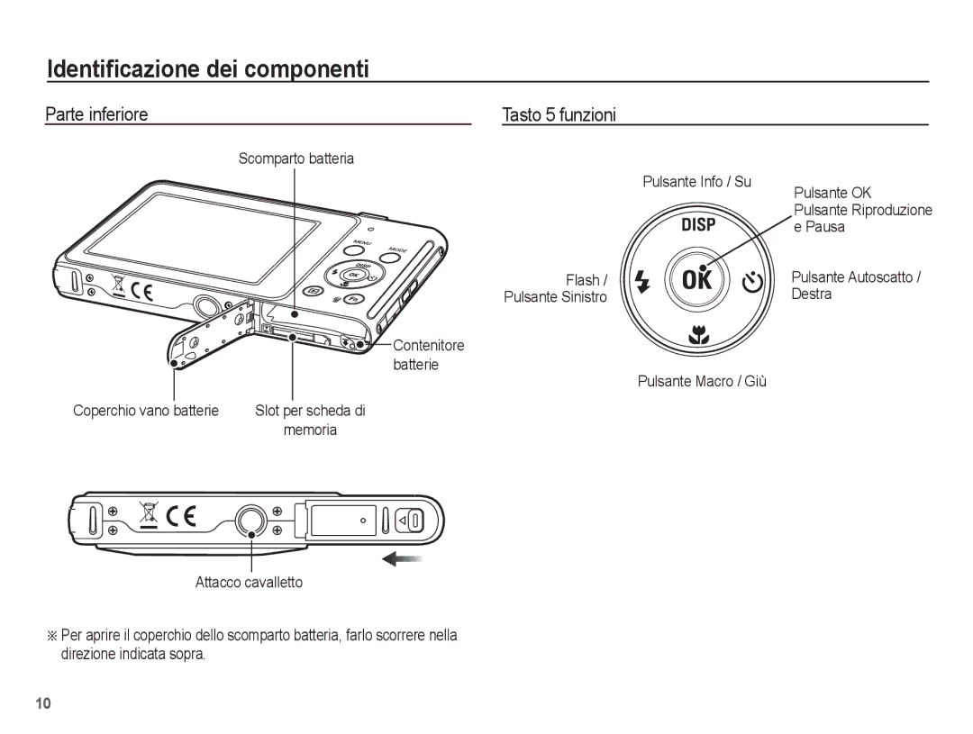 Samsung EC-ST70ZZBPSIT manual Parte inferiore Tasto 5 funzioni, Scomparto batteria Pulsante Info / Su Pulsante OK, Pausa 