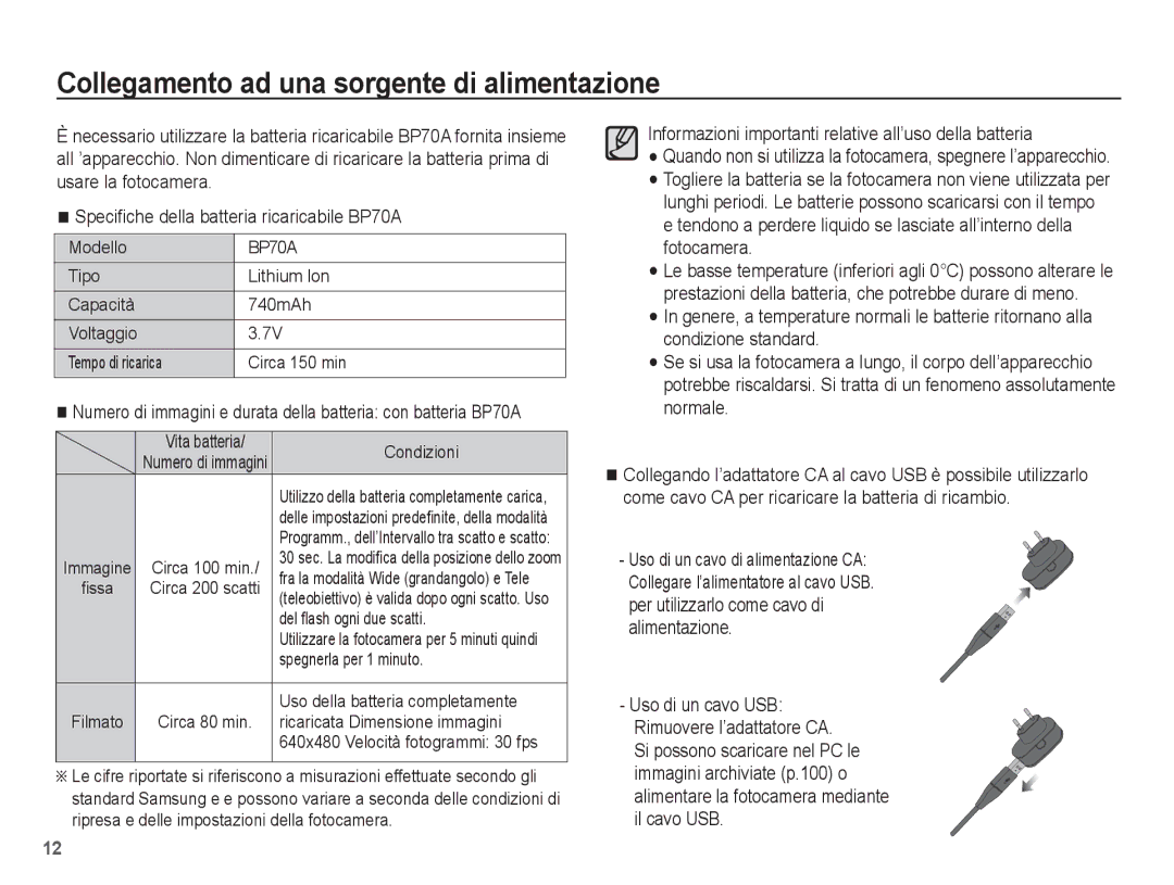 Samsung EC-ST70ZZBPUIT, EC-ST70ZZBPBIT, EC-ST70ZZBPOIT, EC-ST70ZZBPSIT manual Collegamento ad una sorgente di alimentazione 