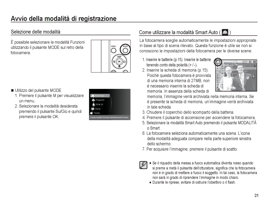 Samsung EC-ST70ZZBPOIT manual Avvio della modalità di registrazione, Inserire le batterie p.15. Inserire le batterie 