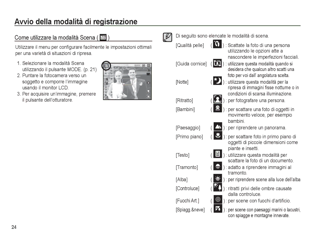 Samsung EC-ST70ZZBPUIT, EC-ST70ZZBPBIT, EC-ST70ZZBPOIT, EC-ST70ZZBPSIT manual Come utilizzare la modalità Scena 