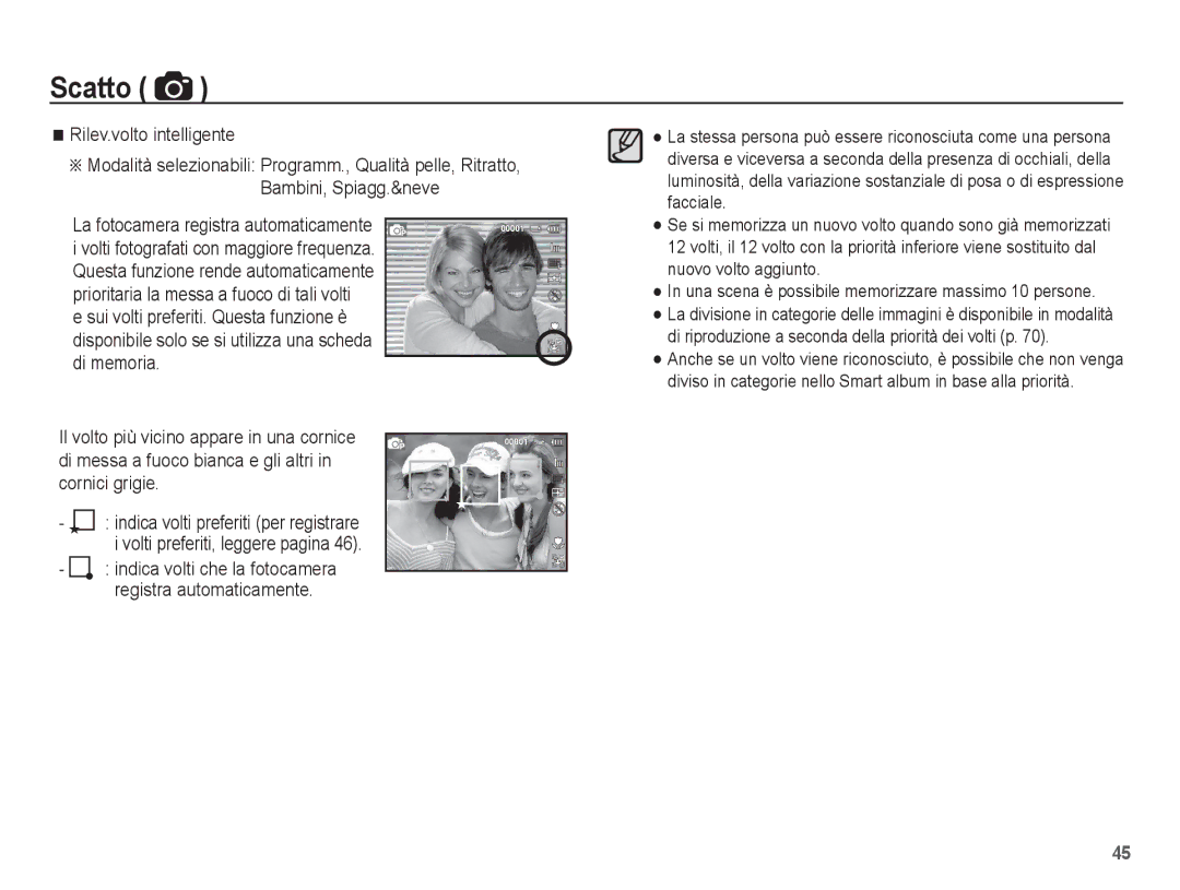 Samsung EC-ST70ZZBPOIT, EC-ST70ZZBPBIT, EC-ST70ZZBPUIT, EC-ST70ZZBPSIT manual Rilev.volto intelligente 