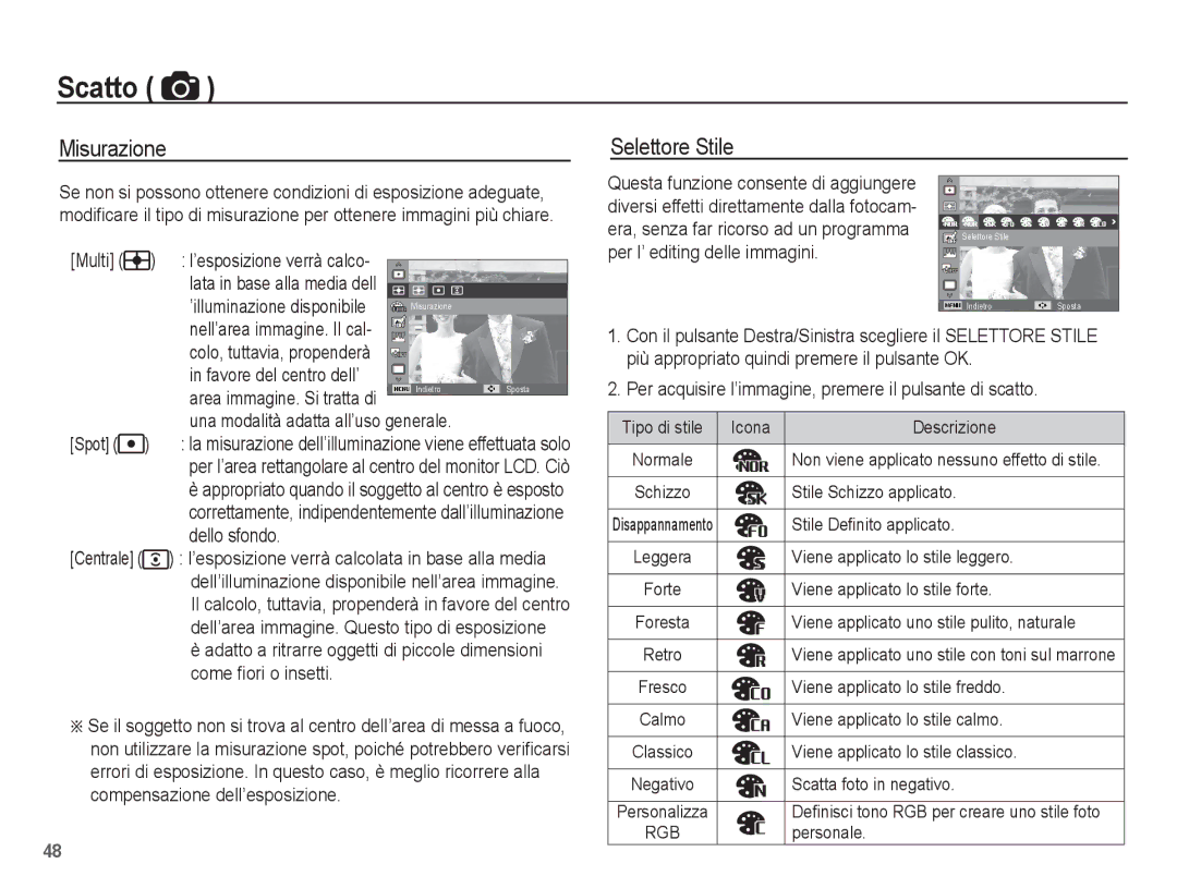 Samsung EC-ST70ZZBPUIT manual Misurazione Selettore Stile, Multi, ’illuminazione disponibile, Nell’area immagine. Il cal 