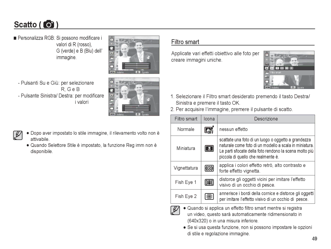 Samsung EC-ST70ZZBPOIT, EC-ST70ZZBPBIT, EC-ST70ZZBPUIT, EC-ST70ZZBPSIT manual Filtro smart, Verde e B Blu dell’ immagine 