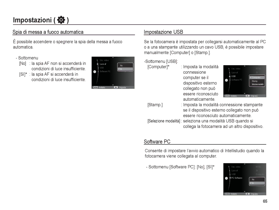 Samsung EC-ST70ZZBPOIT, EC-ST70ZZBPBIT, EC-ST70ZZBPUIT manual Spia di messa a fuoco automatica, Impostazione USB, Software PC 