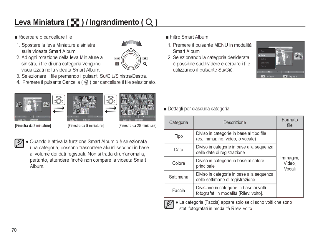 Samsung EC-ST70ZZBPSIT Leva Miniatura º / Ingrandimento í, Ricercare o cancellare ﬁle, Dettagli per ciascuna categoria 