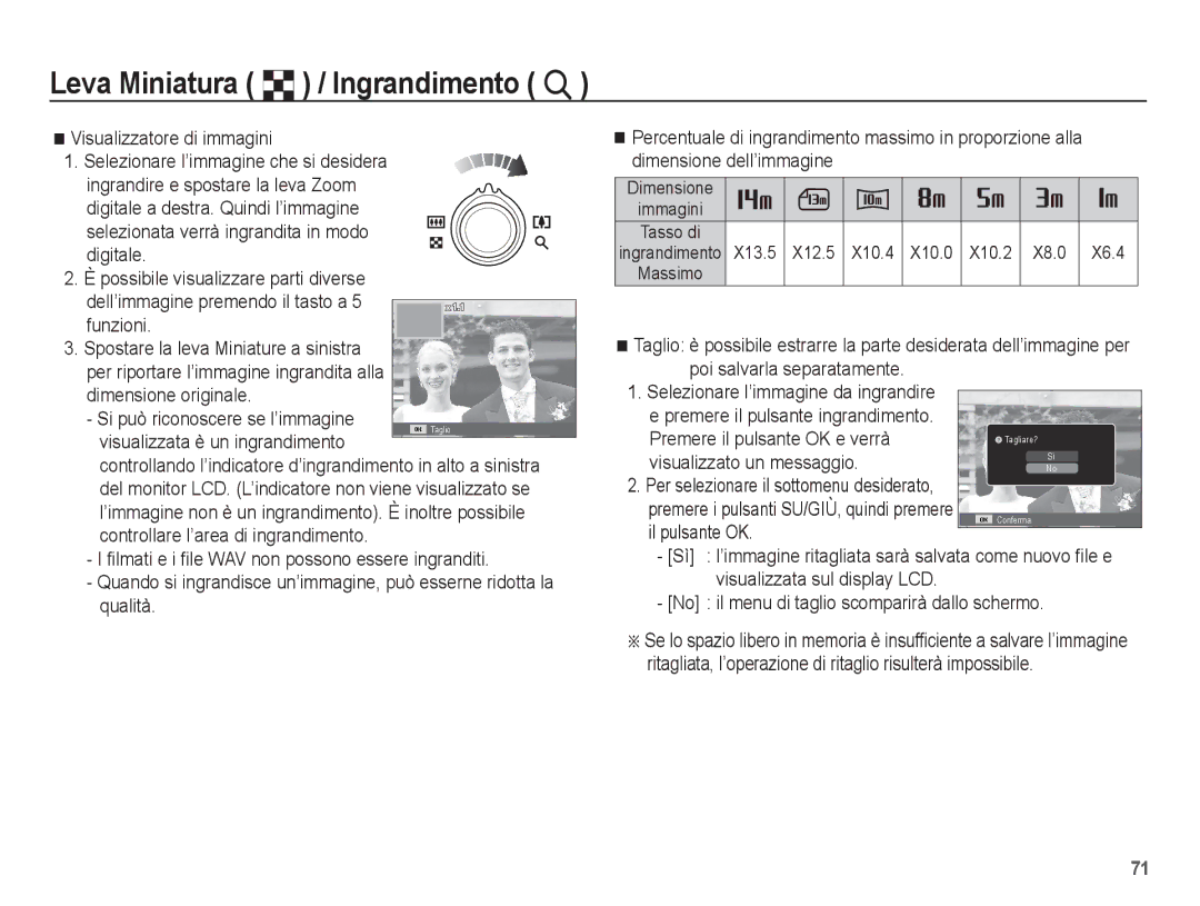 Samsung EC-ST70ZZBPBIT manual Visualizzatore di immagini, Visualizzata è un ingrandimento, Premere il pulsante OK e verrà 