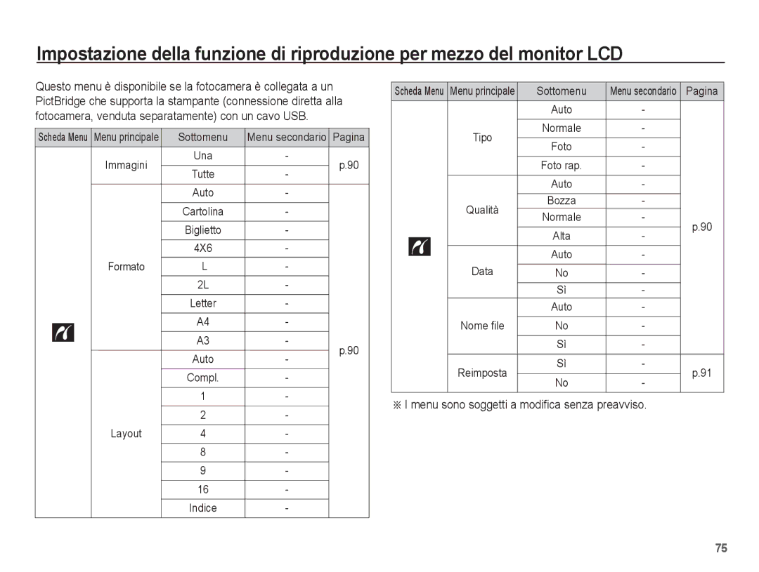 Samsung EC-ST70ZZBPBIT manual Menu sono soggetti a modifica senza preavviso, Una, Tipo Qualità Data Nome file Reimposta 