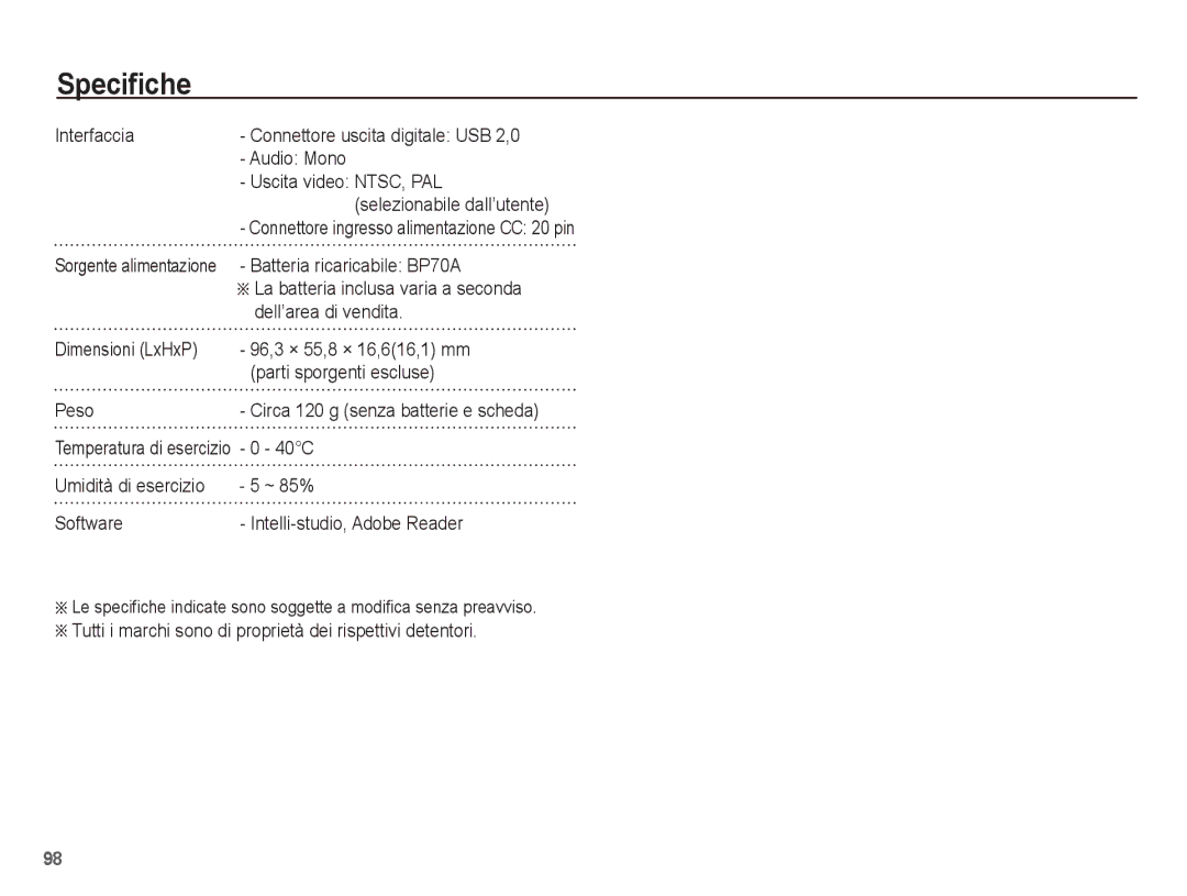 Samsung EC-ST70ZZBPSIT manual Batteria ricaricabile BP70A, ÄLa batteria inclusa varia a seconda, Dell’area di vendita, 40C 