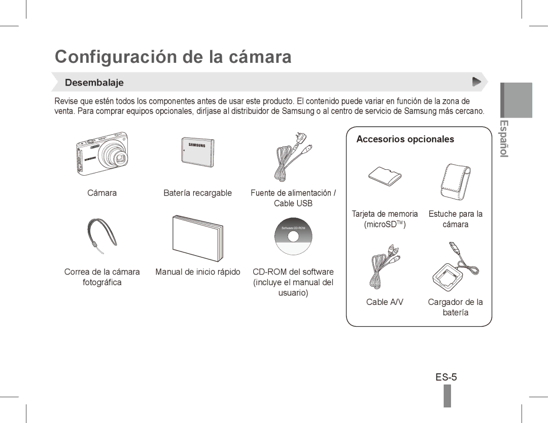 Samsung EC-ST70ZZBPSSA, EC-ST70ZZBPOE1, EC-ST71ZZBDSE1 manual Configuración de la cámara, Desembalaje, Accesorios opcionales 