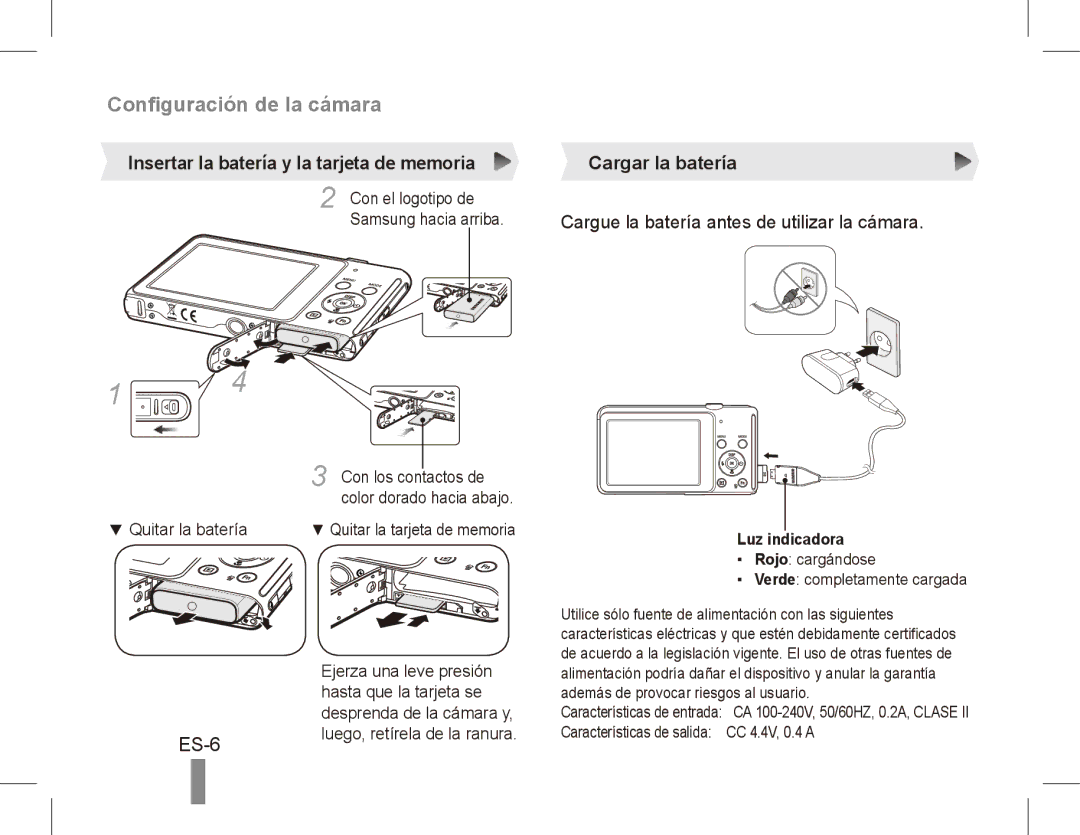 Samsung EC-ST70ZZDPSIR, EC-ST70ZZBPOE1, EC-ST71ZZBDSE1, EC-ST71ZZBDUE1 manual Configuración de la cámara, Luz indicadora 