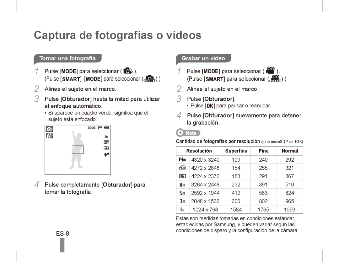 Samsung EC-ST70ZZBPUSA, EC-ST70ZZBPOE1, EC-ST71ZZBDSE1, EC-ST71ZZBDUE1 manual Captura de fotografías o vídeos, Grabar un vídeo 