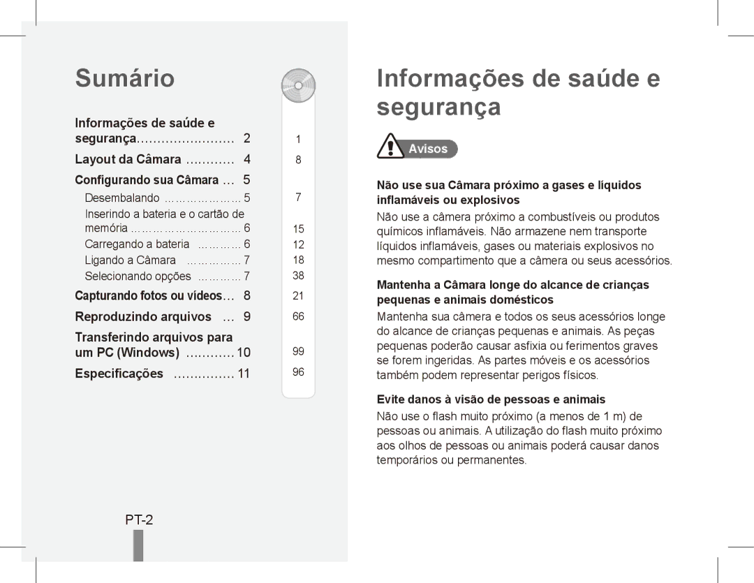 Samsung EC-ST71ZZBDUE1 Sumário, Informações de saúde e segurança, Layout da Câmara…………… Configurando sua Câmara……, Avisos 