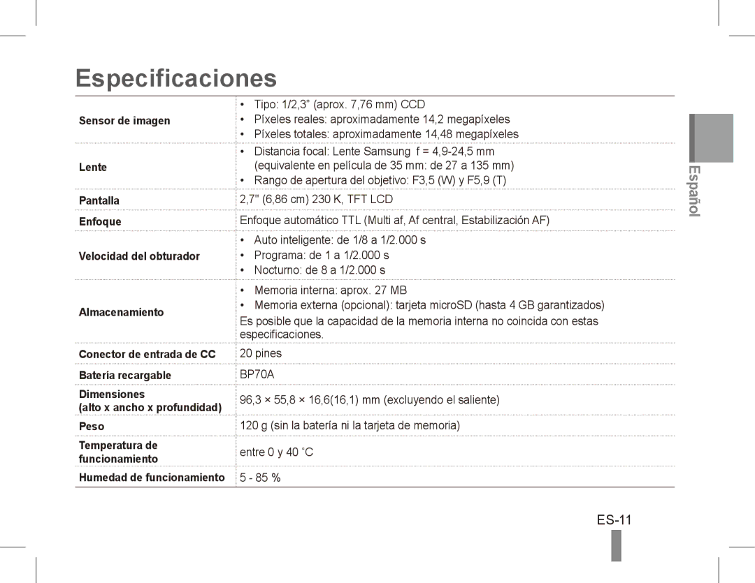 Samsung EC-ST70ZZBPSDZ, EC-ST70ZZBPOE1, EC-ST71ZZBDSE1, EC-ST71ZZBDUE1 manual Especificaciones, Batería recargable Dimensiones 