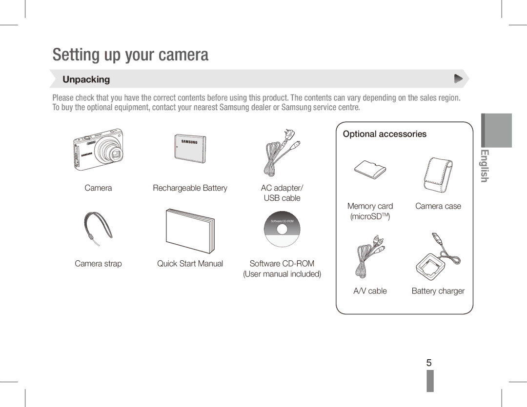 Samsung EC-ST70ZZBPUDX, EC-ST70ZZBPOE1, EC-ST71ZZBDSE1 manual Setting up your camera, Unpacking, Optional accessories 